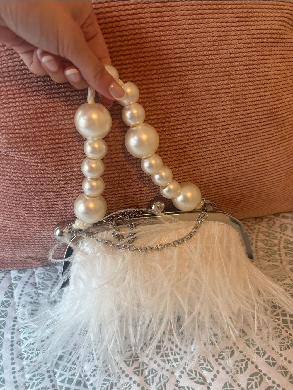 White feather and faux pearl handle Roaring 20's Bag by 8 Other Reasons